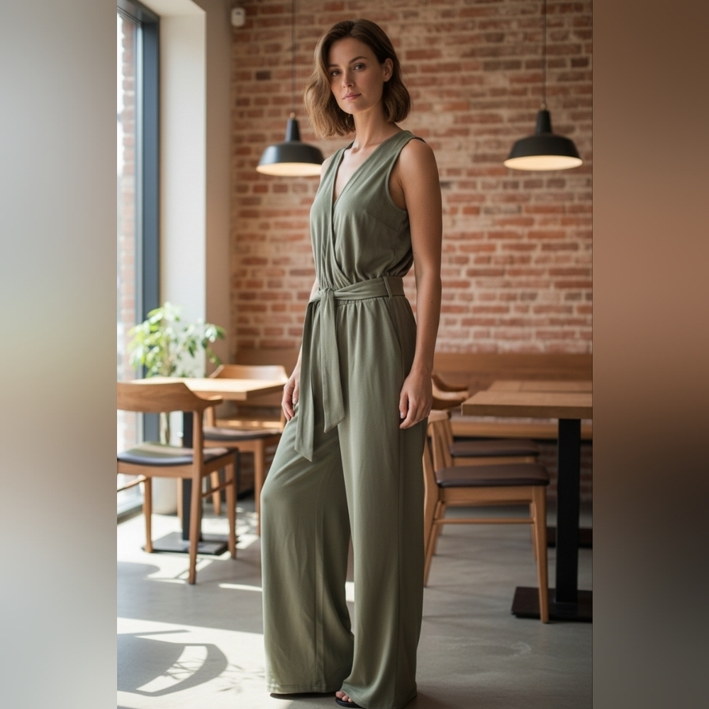 The Drop Elegant Caralynmirand Sleeveless Belted M Olive Green Jumpsuit NWT - Picture 1 of 13